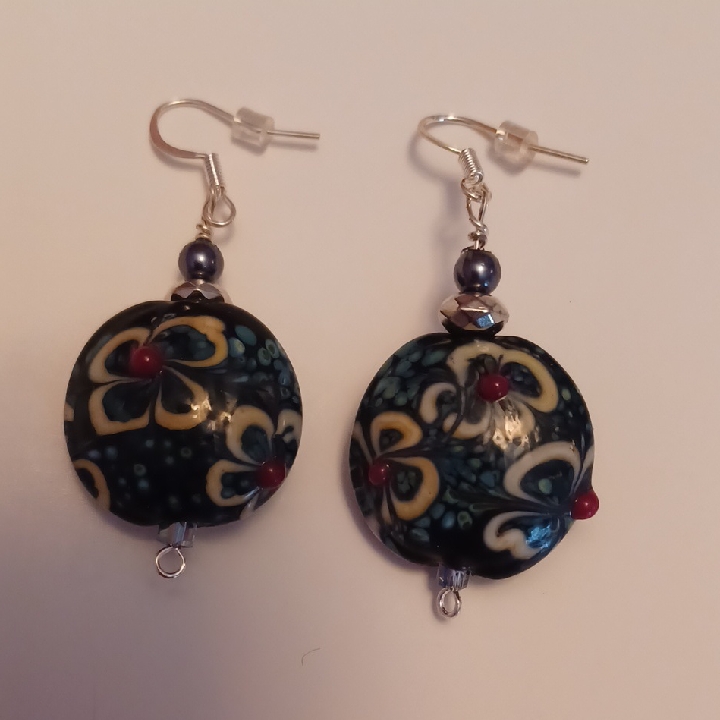 Floral Black And Teal Round Drop Earrings With Red Accents...3prs For 20.00